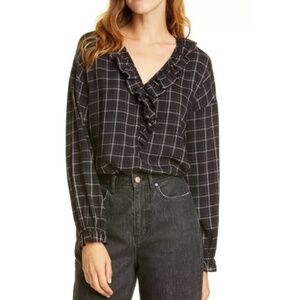 ✨NWT✨ La Vie REBECCA TAYLOR  Plaid Ruffle Trim Blouse in Black White Multi Sz S
